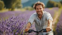 Young Caucasian man with curly hair and beard riding bicycle through blooming purple lavender field on sunny summer day, expressing joy and freedom in nature.