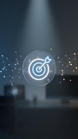 Glowing target with arrow icon surrounded by network connections on blurred office background representing business goals and strategic planning success.