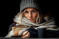 Young woman wrapped in warm knit scarf and beanie hat holding black coffee cup against dark background, moody winter portrait with dramatic lighting.