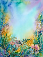 Watercolor floral frame with ornamental leaves and swirling botanical elements in vibrant rainbow hues, featuring pink flowers and decorative foliage borders on isolated background for design projects.