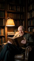 Elderly Caucasian man reading book in cozy library with warm lamp light surrounded by wooden bookshelves creating peaceful scholarly atmosphere.