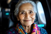 Portrait of senior Asian woman with gray hair wearing colorful traditional clothing, genuine smile and warm expression against dark background.