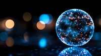 Glowing blue disco ball with world map pattern reflecting on dark surface against blurred bokeh lights creating magical nightclub atmosphere.