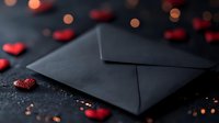 Black envelope with red heart decorations on dark background with bokeh lights and romantic atmosphere, suitable for Valentine's day or love message concept.