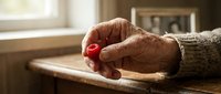 Senior woman with wrinkled hands and red nail polish resting on wooden table by window, conveying aging, solitude, and contemplation for healthcare and lifestyle content.