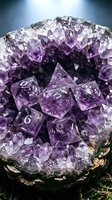 Amethyst geode with polyhedral dice nestled in crystal cavities, showcasing purple quartz formations for tabletop gaming and mineral collecting enthusiasts.