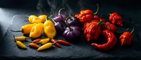 Colorful hot chili peppers collection on dark slate surface with dramatic lighting. Fresh spicy ingredients for cooking and culinary preparations.