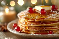 Stack of golden pancakes topped with butter, maple syrup, and fresh red cherries on rustic plate. Cozy breakfast scene with bokeh lights and warm atmosphere perfect for food blogs.