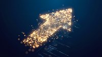 Golden particle arrow pointing upward with glowing bokeh lights on dark blue background symbolizing growth, success and business progress.