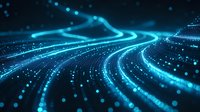 Glowing blue light trails with particles create dynamic flowing curves against dark background, abstract technology concept for digital transformation.