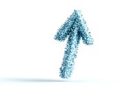 Upward pointing arrow formed by scattered blue particles on white background, creating dynamic motion effect. Isolated design element for business growth concepts.