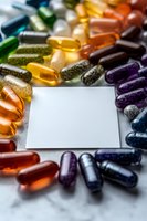 Colorful vitamin capsules and pills arranged around blank white card on white background for pharmaceutical and healthcare supplement design.