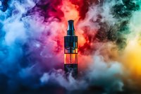 Electronic cigarette device surrounded by vibrant colorful vapor clouds against dark background, dramatic lighting highlights liquid tank and mouthpiece.