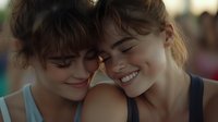 Young Caucasian woman with bangs and natural makeup smiling with eyes closed in tender emotional moment, showing genuine happiness and connection.