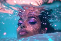 Close-up of young woman partially submerged in turquoise water with eyes closed, pink lips, and flowing hair creating dreamy underwater portrait.