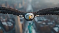 Majestic bald eagle in flight with wings fully extended, sharp focus on fierce eyes and beak against blurred urban background with Statue of Liberty silhouette.