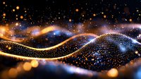 Glowing golden and blue waves with sparkling particles flow through dark space creating magical light trails and bokeh effect. Abstract digital art background.