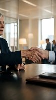 Senior male executive with gray hair and Caucasian ethnicity shaking hands with colleague at wooden conference table in modern office with glass partitions and colleagues in background.