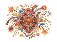 Vibrant mandala with ornate floral petals and fireworks bursting outward in warm orange, gold, and purple tones on white background. Isolated clipart for design projects.