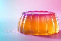 Translucent orange jelly dessert with ribbed shape on gradient pink and blue background with water droplets, soft focus food photography for culinary design.
