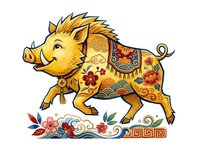 Golden pig with ornate decorative saddle and floral embellishments on white background, isolated and ready for design use on merchandise and print materials.