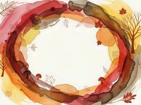 Watercolor autumn frame with warm orange, red and yellow brushstrokes, falling leaves and seasonal elements on white background for fall designs.
