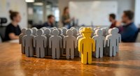 Wooden human figures with one yellow standout leader among gray crowd on office desk representing leadership, teamwork and business management concepts.