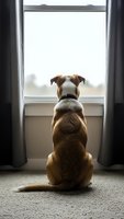 Loyal dog sitting by window looking outside, patient pet waiting at home, domestic animal gazing through glass, cozy indoor scene with natural light.