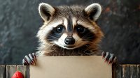 Curious raccoon peeking over wooden fence with paws, looking directly at camera with bright eyes and distinctive mask markings against dark background.