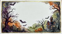 Spooky Halloween watercolor frame with haunted house, bats, pumpkins and bare trees on isolated white background for seasonal greeting cards and decorations.