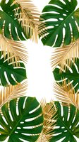 Tropical frame with golden palm fronds and green monstera leaves on white background for summer design projects and vacation themes.