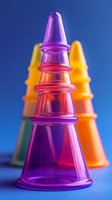 Colorful translucent cone shapes in purple, orange and green against blue background create modern abstract composition with vibrant gradient lighting effects.