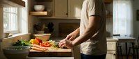 Man preparing fresh vegetables on wooden cutting board in modern kitchen with natural lighting for healthy cooking and meal preparation.