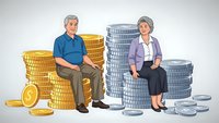 Senior couple sitting on stacks of golden and silver coins representing retirement savings and financial planning for elderly people.