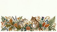 Adorable woodland animals including squirrel and rabbit nestled among autumn foliage with decorative swirls and botanical elements for seasonal designs.