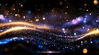 Abstract cosmic background with glowing golden waves and blue sparkles floating in dark space, magical light particles and bokeh effect create dreamy atmosphere.