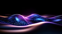 Glowing neon waves with sparkles flow across dark background creating abstract cosmic landscape with purple and blue light streams and starry particles.