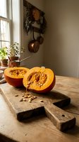 Fresh cut pumpkin halves with seeds on rustic wooden cutting board in cozy farmhouse kitchen with copper cookware and natural sunlight streaming through window.