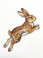 Leaping rabbit with ornate floral and swirl folk art patterns, isolated on transparent background, ready for t-shirt design, stickers, clipart, and print on demand use.
