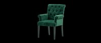 Elegant green tufted armchair with rolled arms and dark wooden legs, isolated on transparent background. Great for interior design clipart, stickers, print on demand, and t-shirt design.
