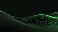 Flowing green particle wave on dark background creates dynamic digital landscape with glowing dots forming smooth curves and undulating motion for technology designs.