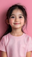 Adorable young Asian girl with messy hair wearing pink t-shirt smiling at camera against soft pink background for children fashion and lifestyle concepts.