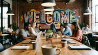 Diverse group of young professionals working together in a trendy coworking space with colorful welcome mural on brick wall.