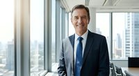 Professional middle-aged Caucasian businessman in navy suit and blue tie smiling confidently in modern office with city skyline view through windows.