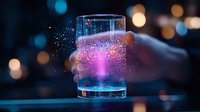 Magical glowing drink with sparkling pink and blue particles floating in clear glass against dark bokeh background, creating mystical beverage effect.