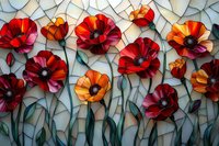 Vibrant red and orange poppies with dark centers against mosaic background, stems intertwining in artistic stained glass style pattern. Floral wall art design.