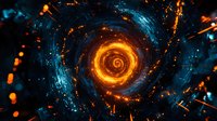 Glowing orange and blue spiral vortex with dynamic light particles and energy streams against dark background, creating mesmerizing cosmic portal effect.