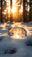 Sunlight shining through clear ice crystal in snowy winter forest at golden hour, creating magical light refraction and bokeh effect in nature background.
