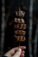Grilled beef medallions on wooden skewer held by hand against dark background, juicy meat chunks with charred grill marks and caramelized surface.