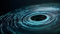 Futuristic digital tunnel with glowing binary code spiral in dark blue and teal colors creating dynamic circular pattern for technology backgrounds.